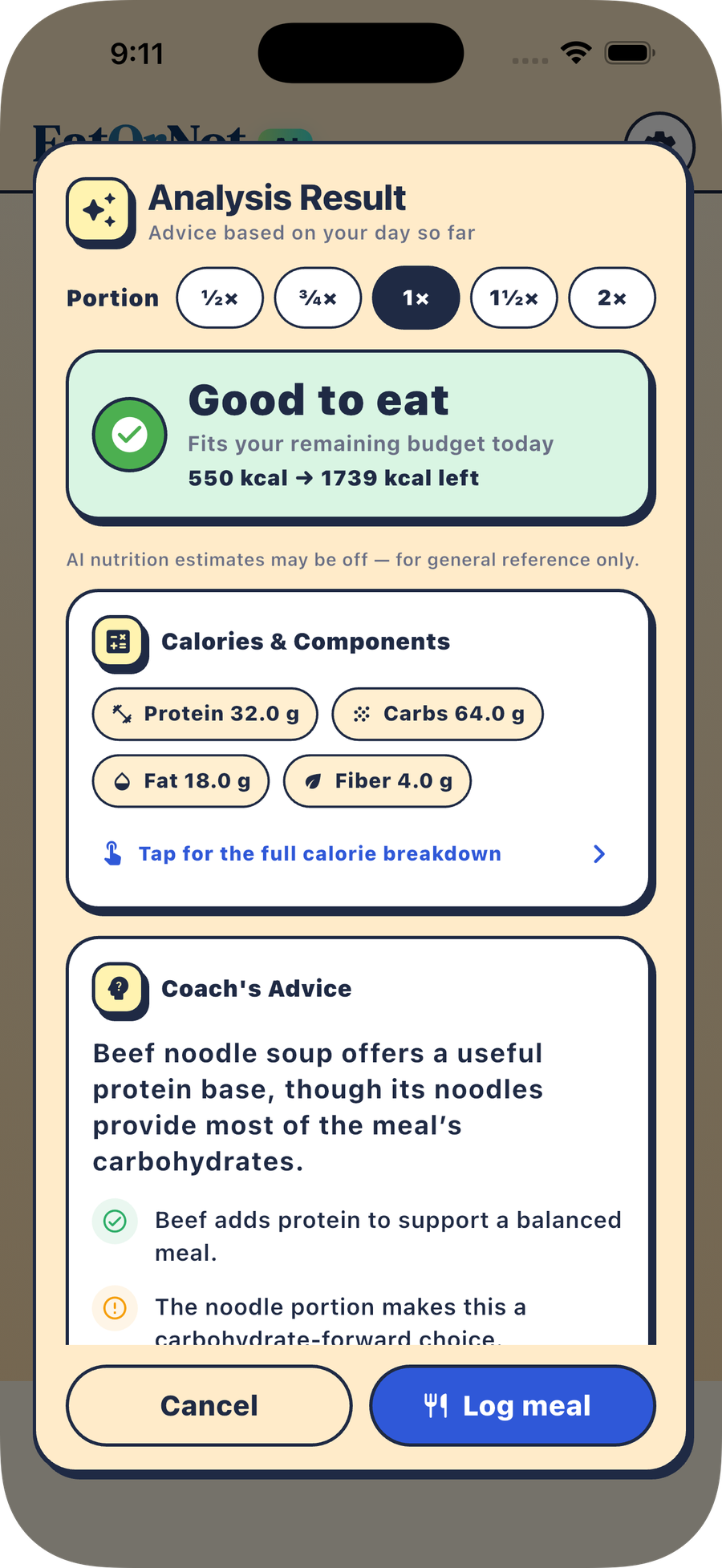 EatOrNot AI analysis result showing a Good to eat traffic-light verdict