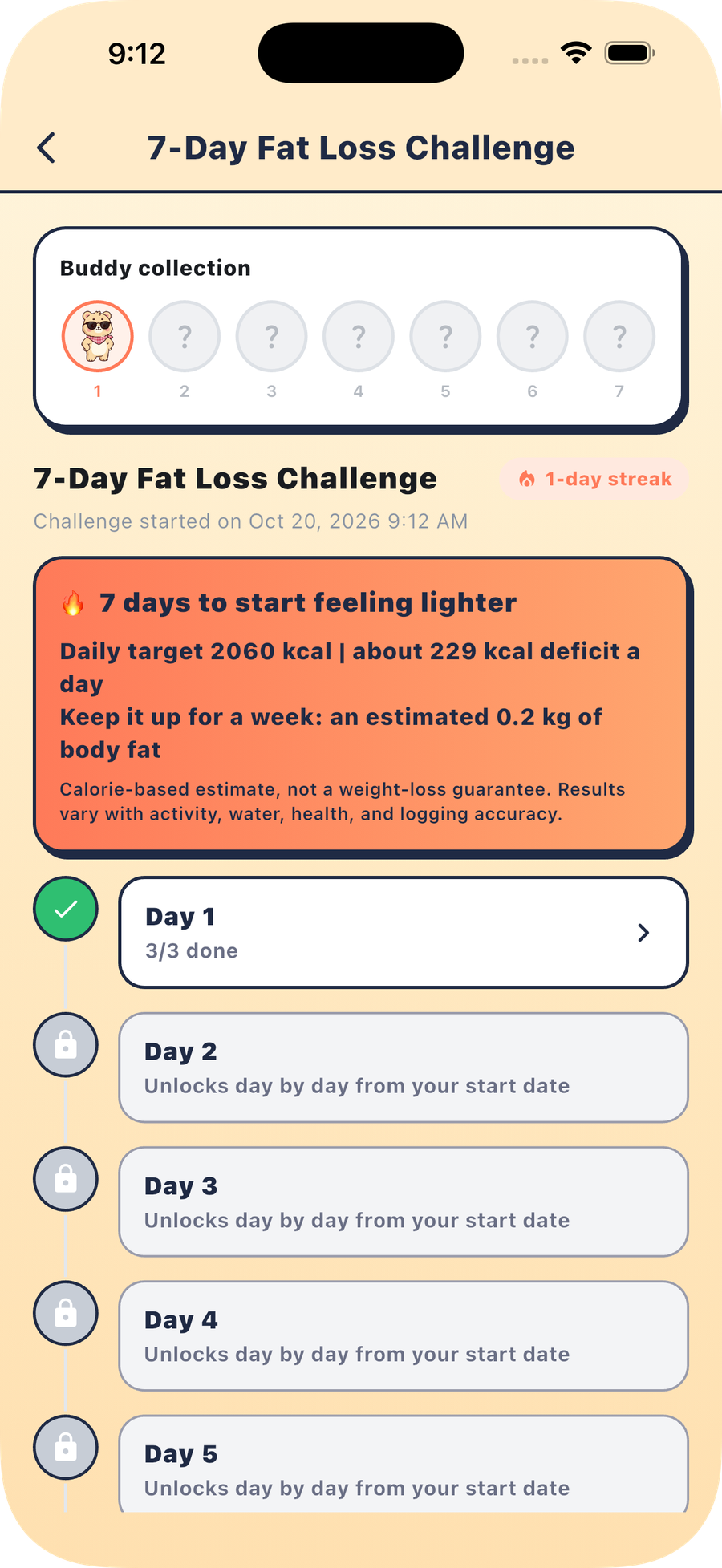 EatOrNot AI 7-Day Fat Loss Challenge screenshot showing daily calorie target and day-by-day progress