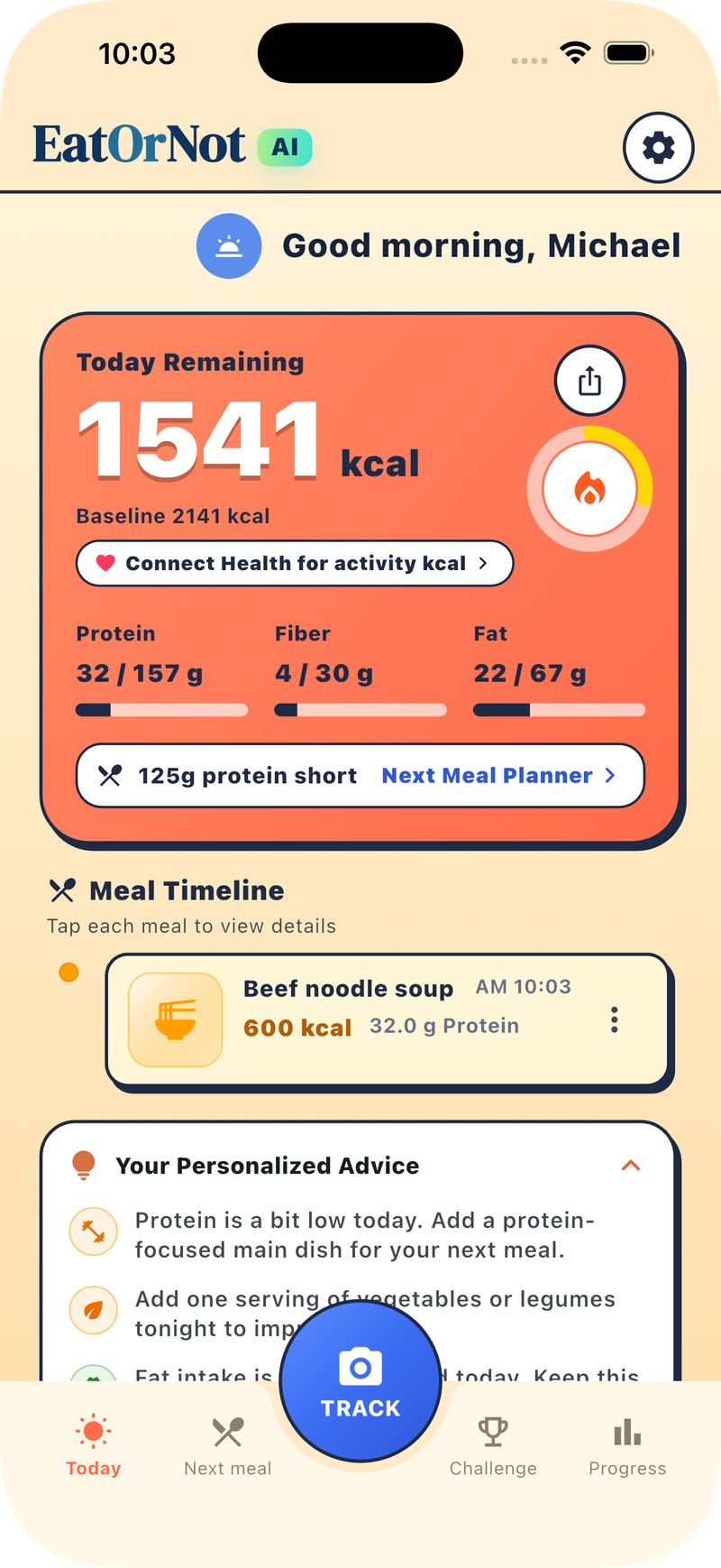 EatOrNot AI Today screen showing remaining calories, protein progress and the meal timeline