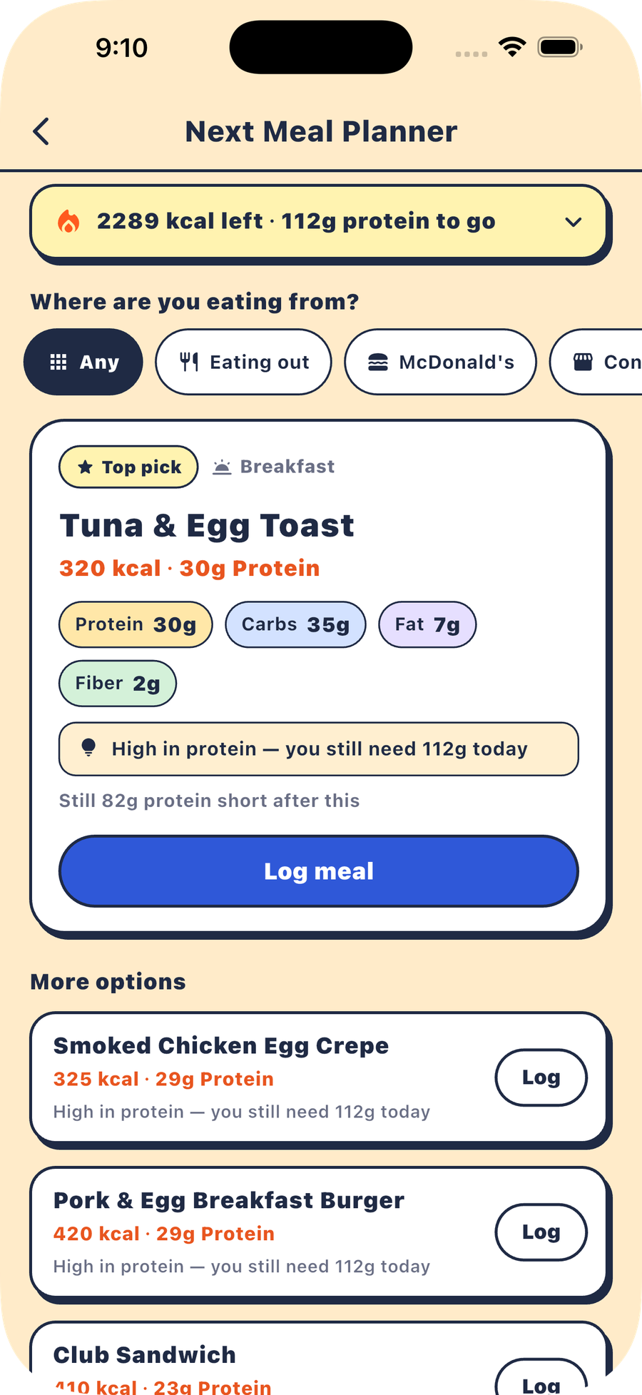 EatOrNot AI Next Meal Planner showing meal picks that fit remaining calories and protein