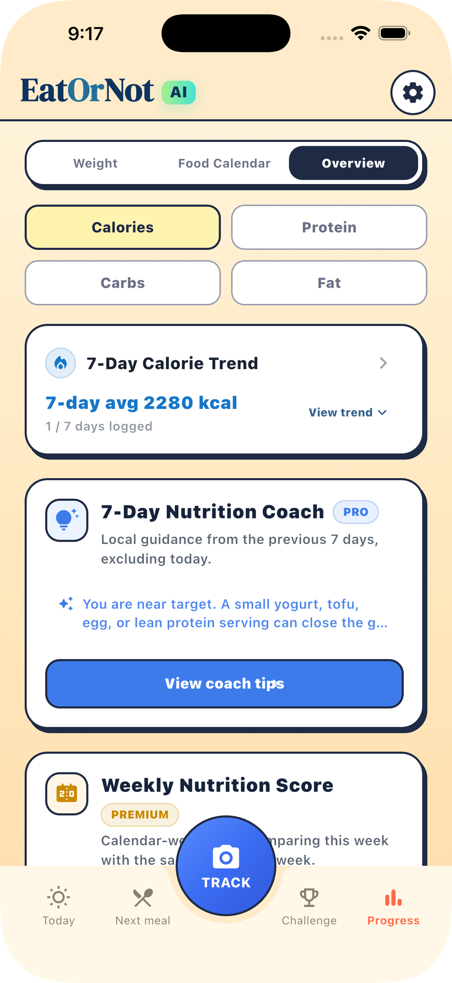 EatOrNot AI 7-Day Nutrition Coach screenshot showing protein, fiber, and carb tips