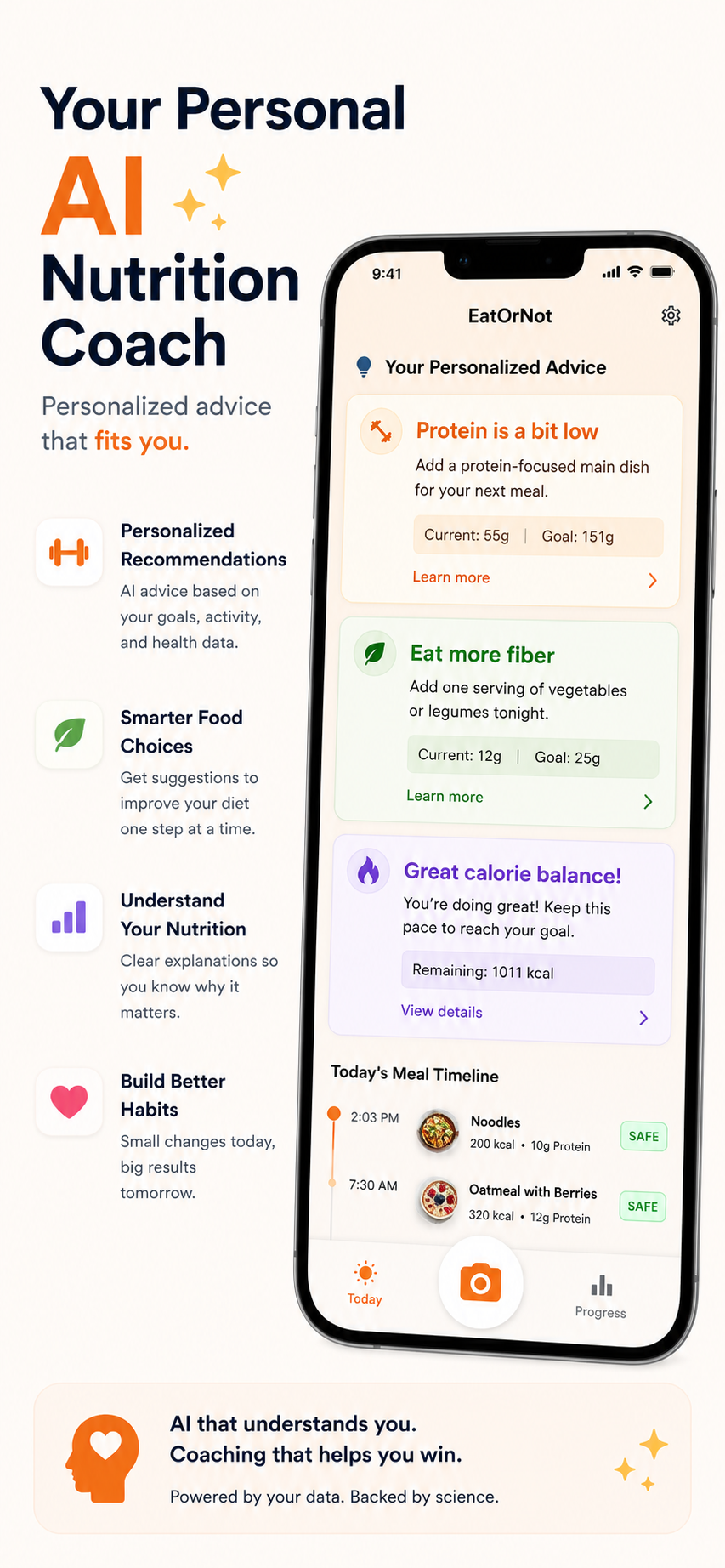 EatOrNot AI screenshot showing personalized AI nutrition coach advice