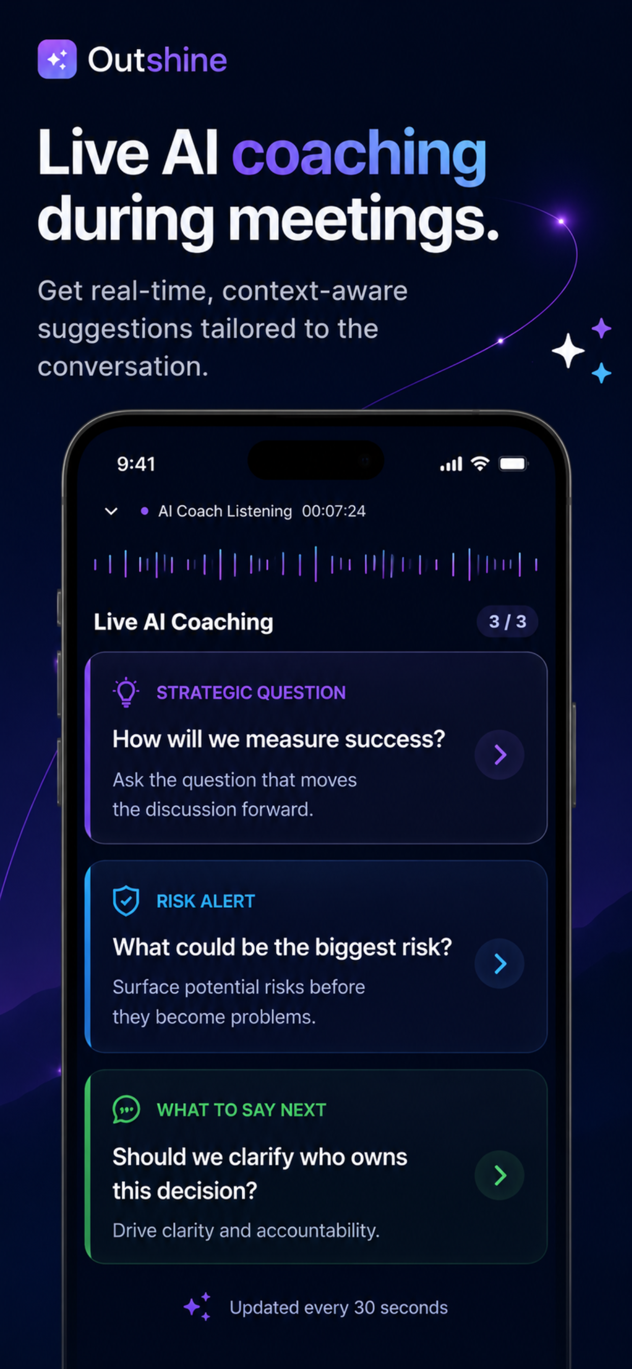 Outshine live AI coaching screen showing strategic question, risk alert, and what-to-say-next cards