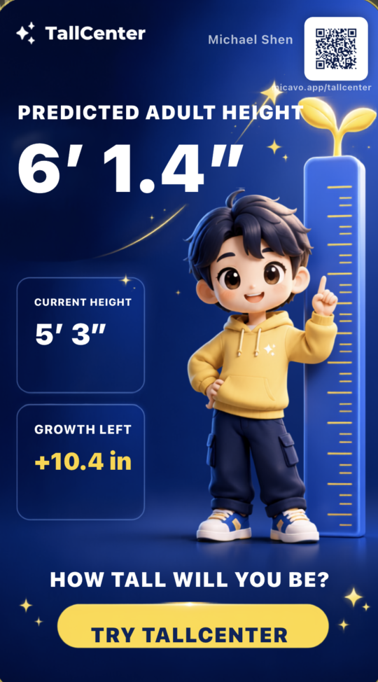 TallCenter adult height prediction share card in feet and inches