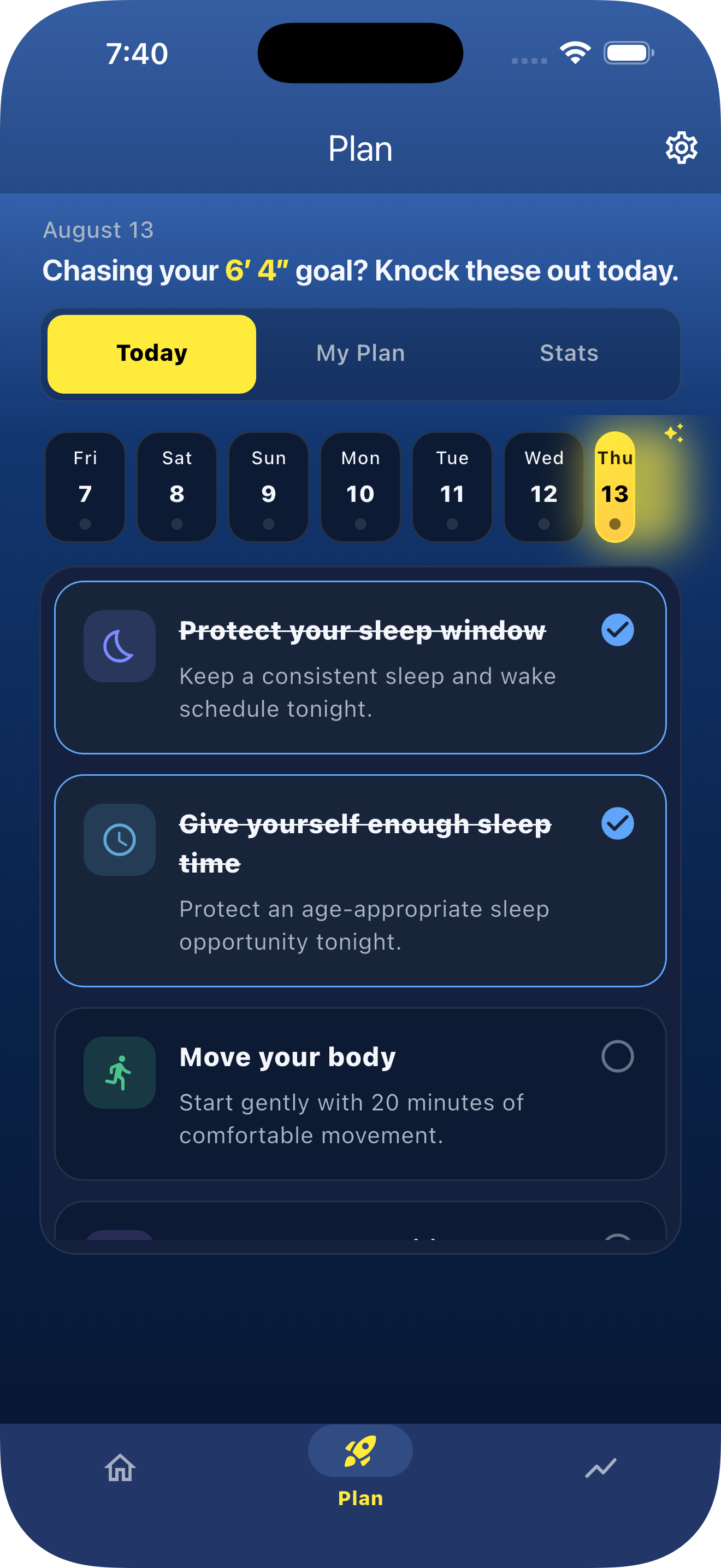 TallCenter daily plan showing check-ins, streaks, XP, and healthy routine tasks